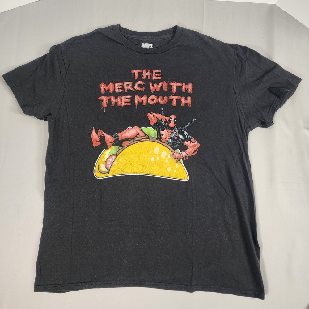 Marvel Deadpool T-Shirt Mens Large Black Excellent Merc With The Mouth Taco Tee